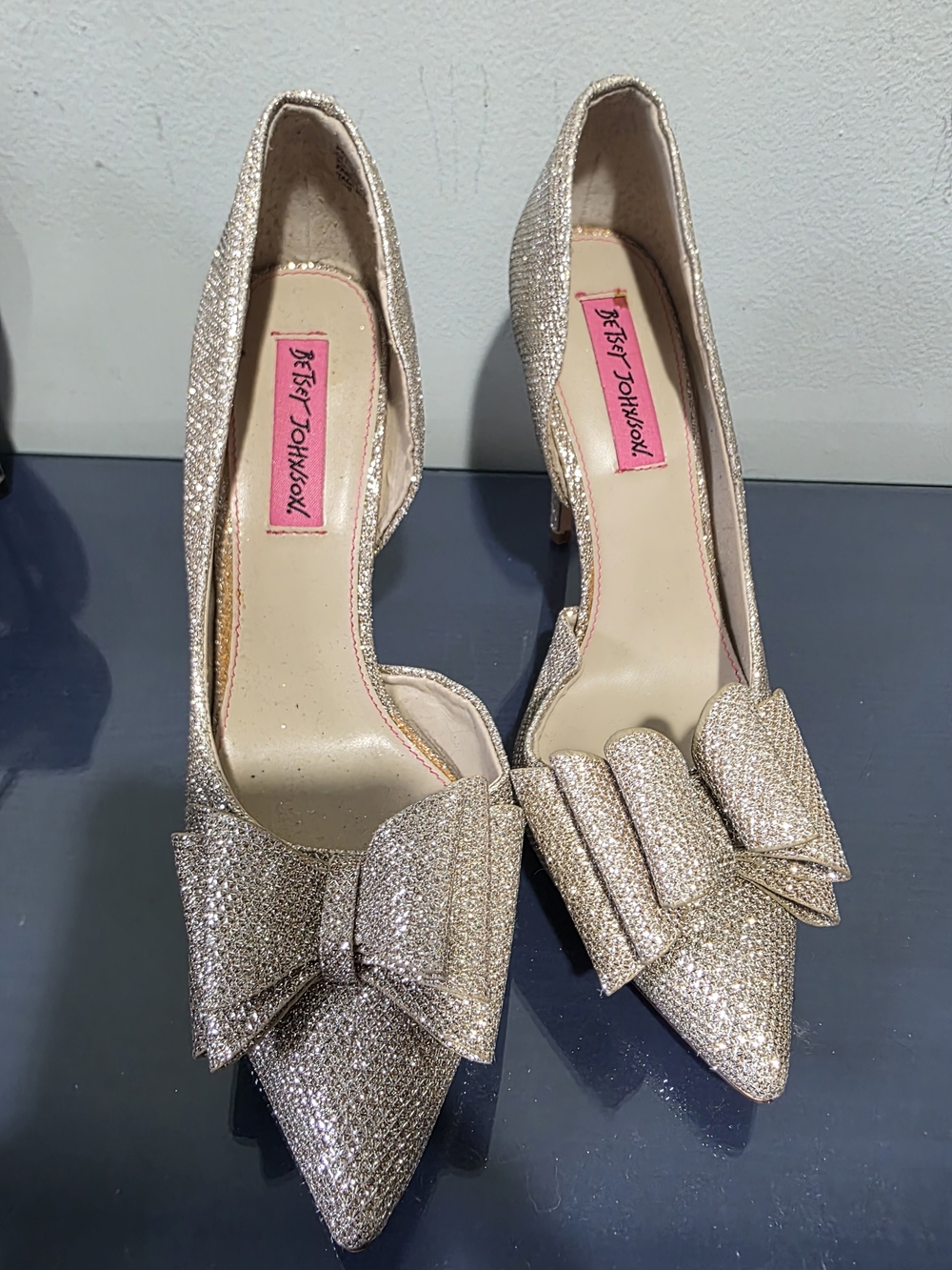 Betsey Johnson Gold Glitter Bow Pointed-Toe Pumps